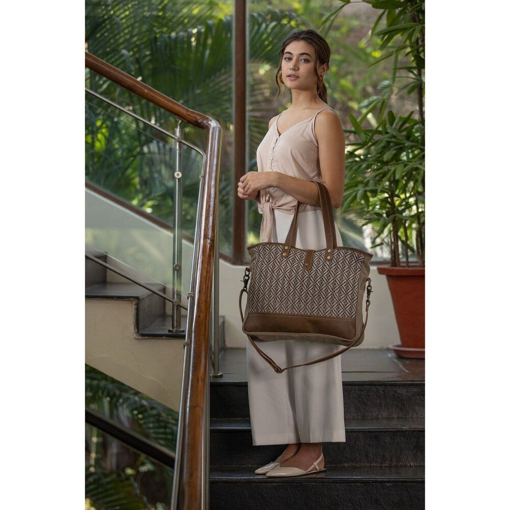 Myra Bag Handmade Exquisite Weekender Bag Upcycled Canvas & Cowhide Leather
